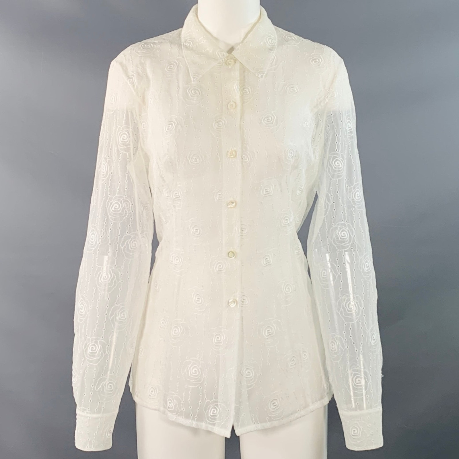 Escada Size M Cream Polyester Eyelet Button Up Shirt